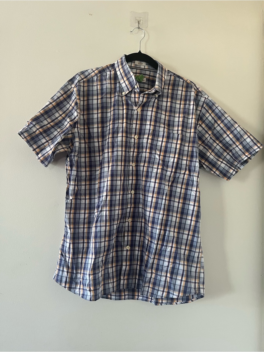 Peter Millar Blue Orange Plaid Short Sleeve Button Down Shirt Large 100% Cotton